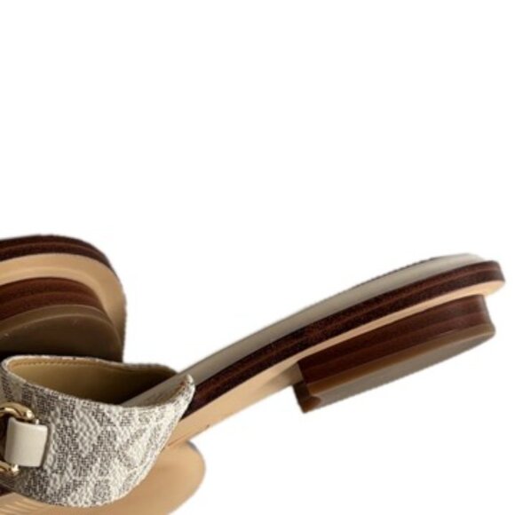 SOLD Michael Kors Wm Sz 8 SlipOn Flat Sandal Ivory Tan Logo Leather Gold Logo - Picture 7 of 14